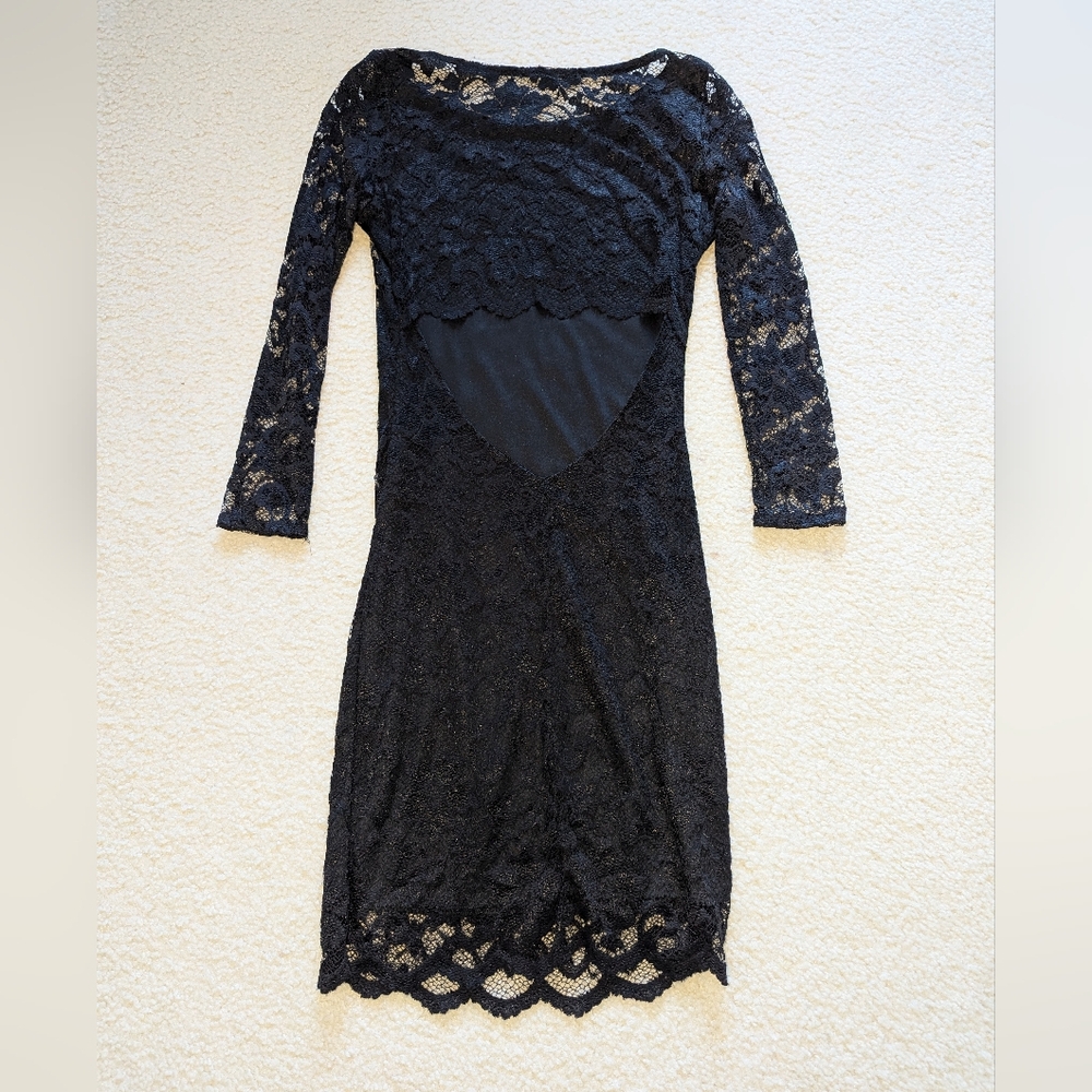 BEBE Midi Cocktail Long Sleeve Vintage Black Dress - Picture 2 of 8